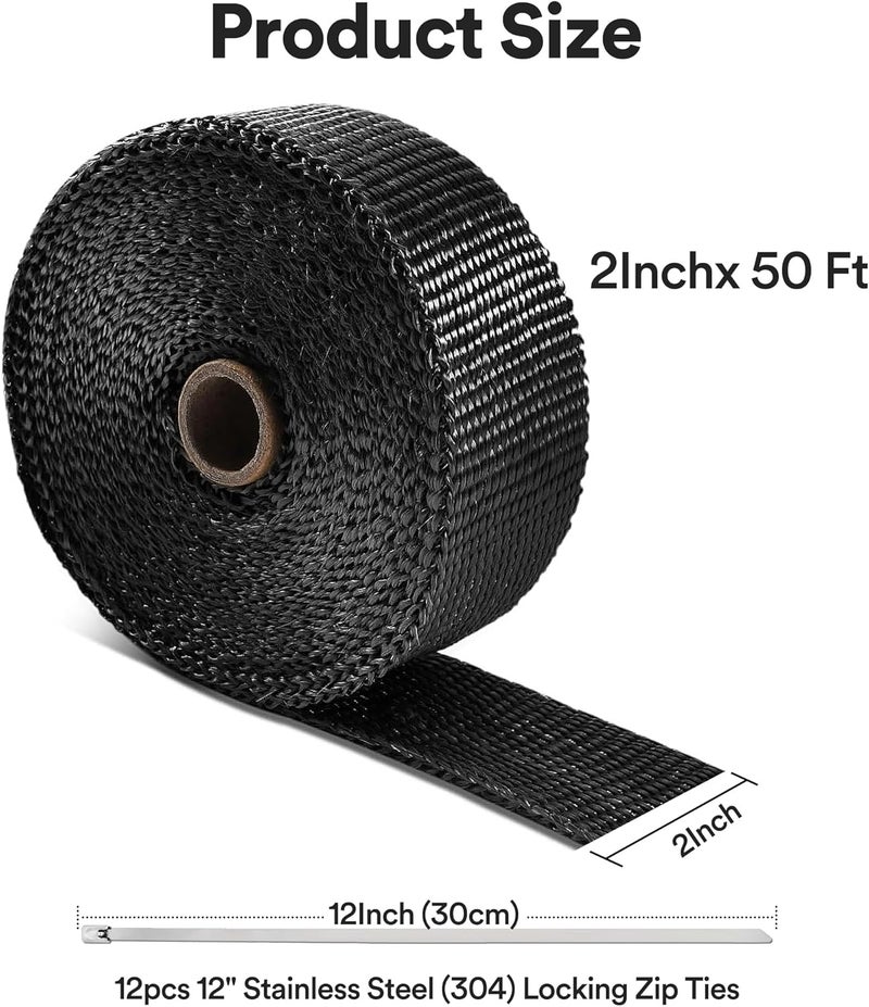 Toyitte Exhaust Heat Wrap, 2" x 50' Heat Shield Tape with Stainless Ties for Motorcycle (Black 2" x 50') - Image 2